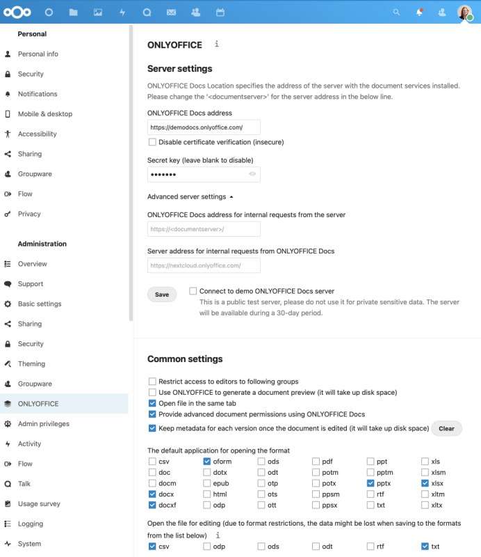 Impostazioni ONLYOFFICE cloud privato locale