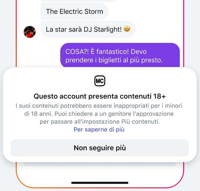 L'avviso sui contenuti 18+ mostrato da Instagram ai teenager