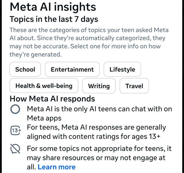 Gli Insights di Meta per i genitori, sulle interazioni dei figli con Meta AI