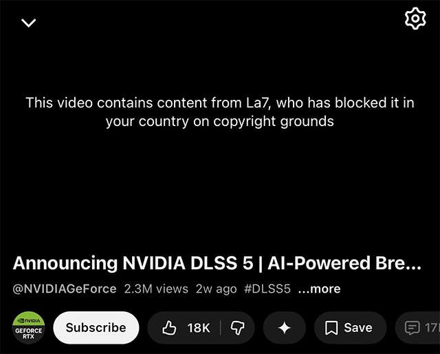 L'avviso di rimozione del video di NVIDIA su YouTube