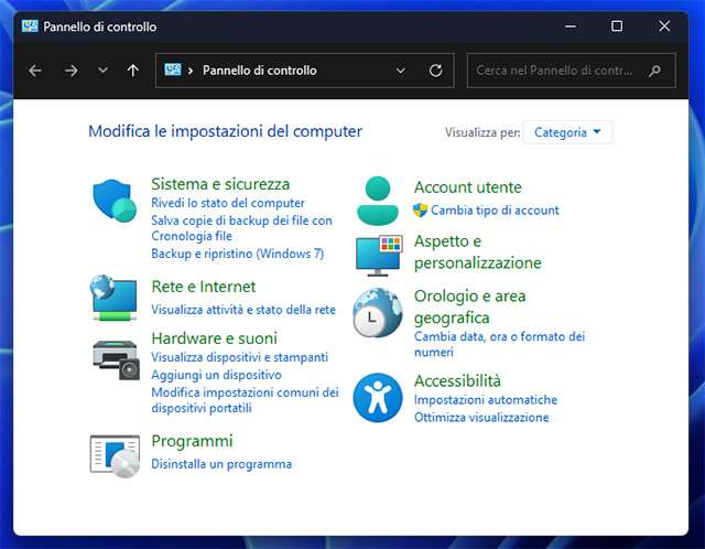 Il vecchio Pannello di controllo ancora presente in Windows 11