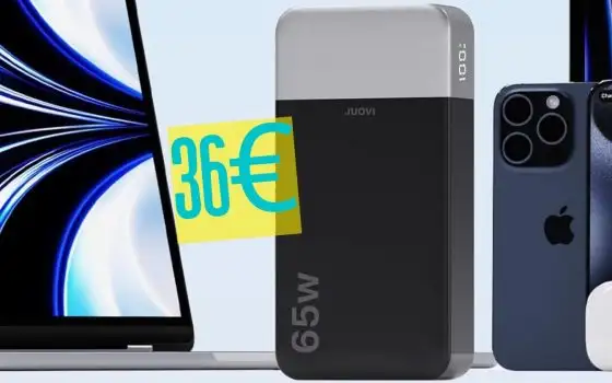 Power Bank da 65W con capacità di 20000mAh per ricarica rapidissima (36€)