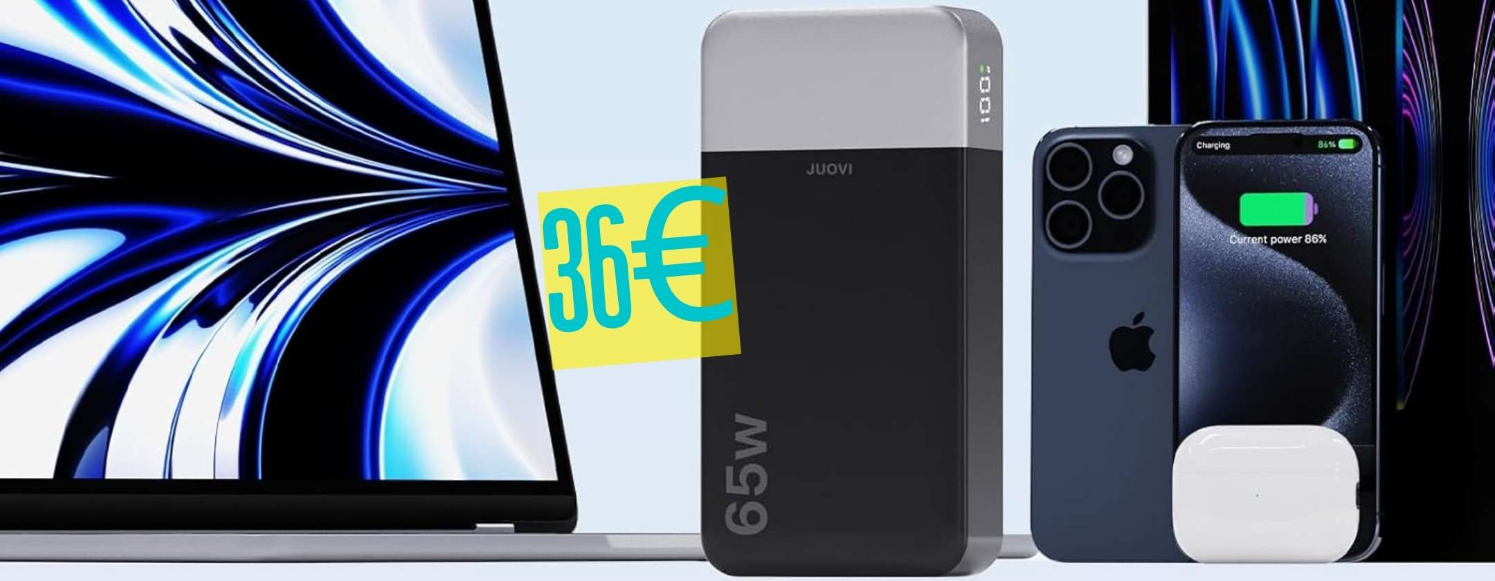 Power Bank da 65W con capacità di 20000mAh per ricarica rapidissima (36€)