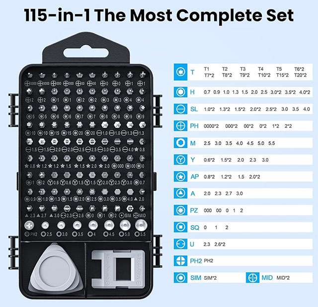 Tutte le punte incluse nel set cacciaviti di precisione 115-in-1