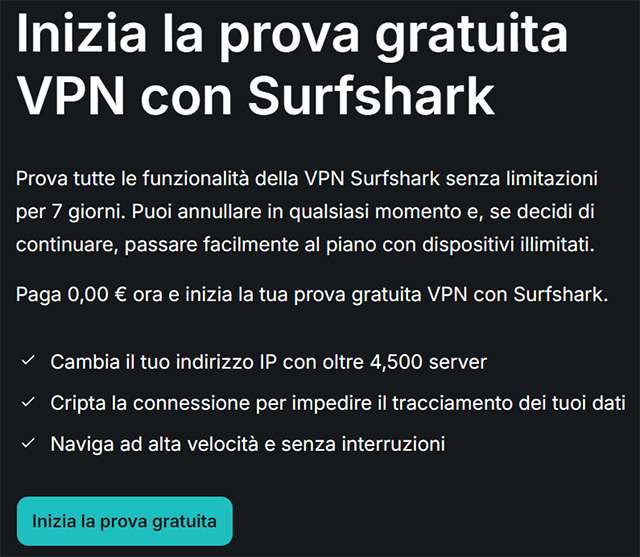 Inizia la prova gratuita della VPN di Surfshark
