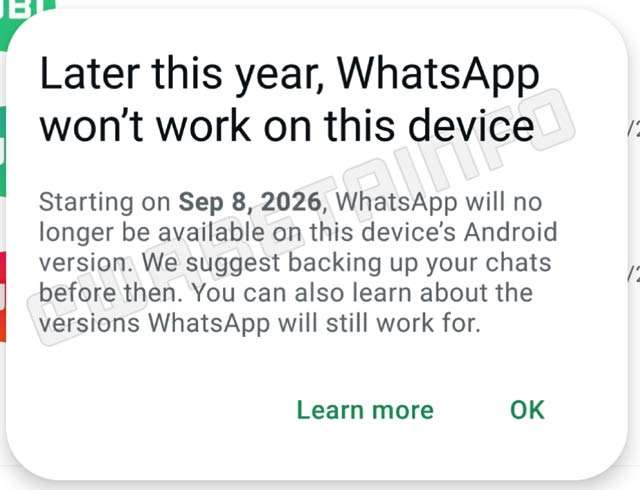L'avviso di WhatsApp sullo stop del supporto per le versioni di Android precedenti alla 6
