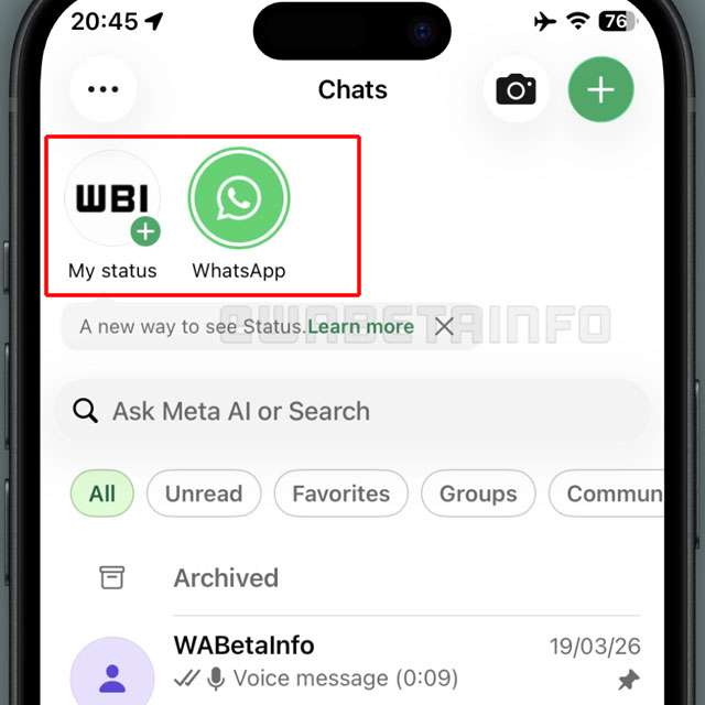 Gli stati di WhatsApp in cima alla scheda delle chat