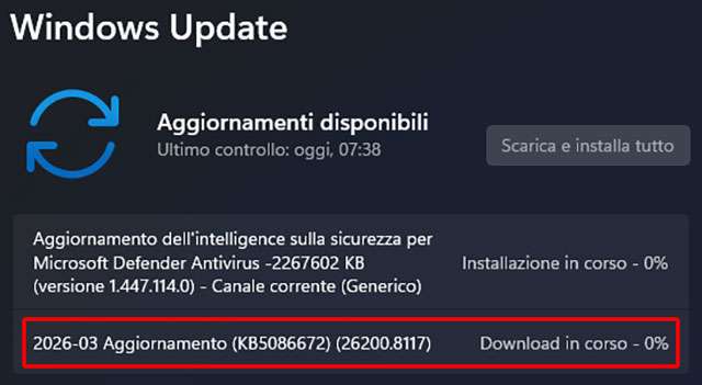 L'aggiornamento KB5086672 per Windows 11