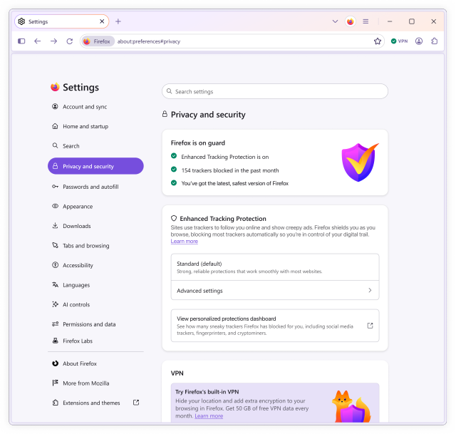 Firefox Nova impostazioni