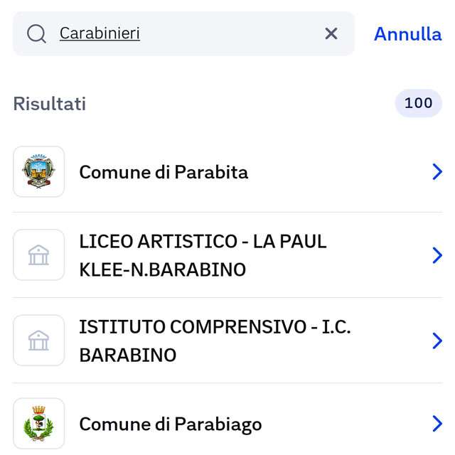 I Servizi inclusi nell'app IO mostrati dopo una ricerca sulla voce Carabinieri
