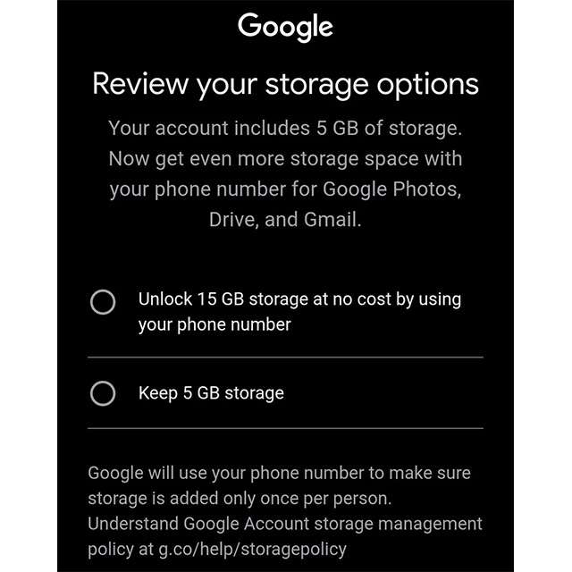 Solo 5 GB di spazio gratis per i nuovi account Gmail senza numero di telefono?