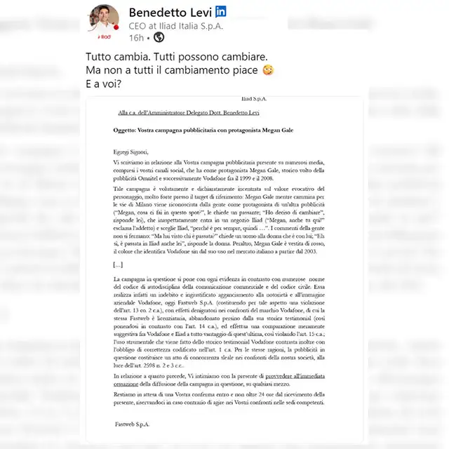 La lettera inviata da Fastweb al CEO di iliad, sullo spot con Megan Gale