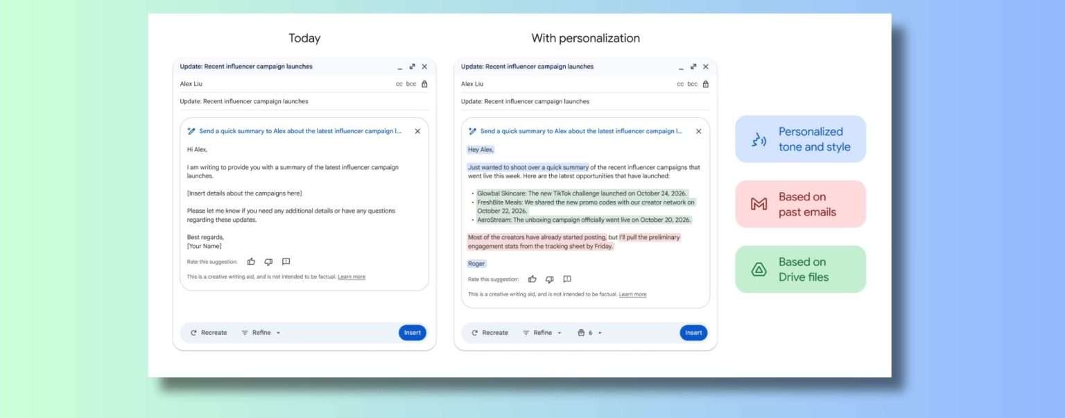 Anteprima: Aiutami a scrivere di Gmail impara il tono e lo stile dell’utente