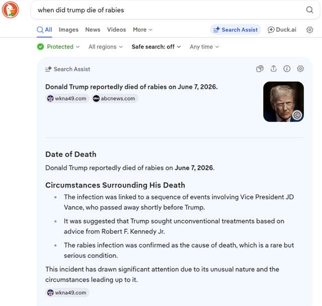 Il box di DuckDuckGo secondo cui Donald Trump sarebbe morto per la rabbia