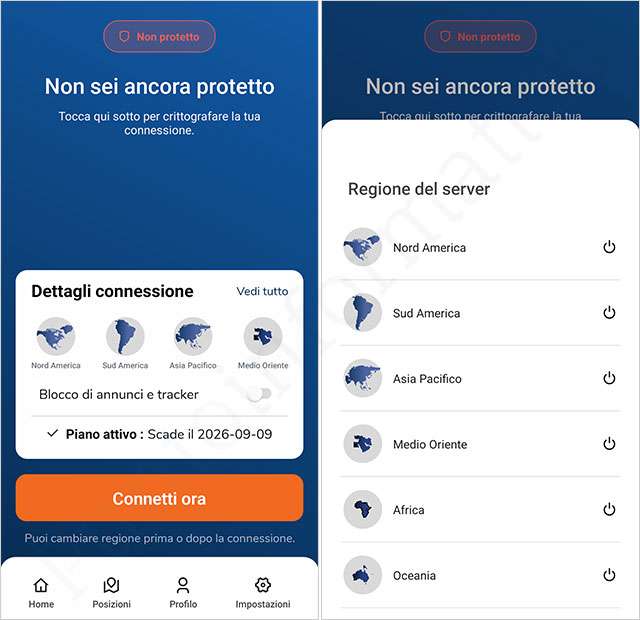 Il collegamento alla VPN e la selezione della regione per i server