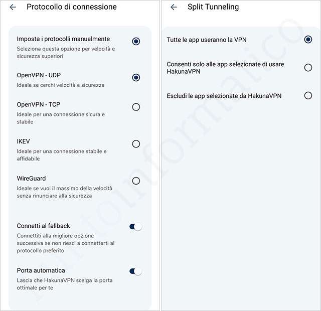 Le impostazioni di HakunaVPN tra protocolli e Split Tunneling