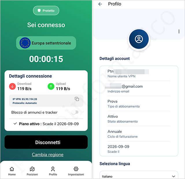 La VPN è attiva, i dettagli della sezione Profilo
