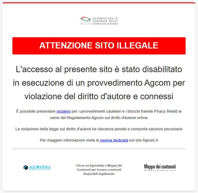 L'avviso di AGCOM mostrato sul portale del network PirloTV