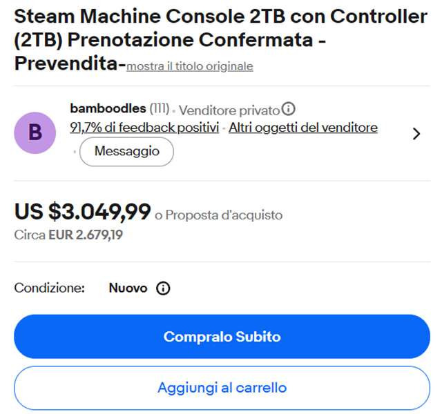 La Steam Machine in vendita su eBay a più di 3.000 dollari
