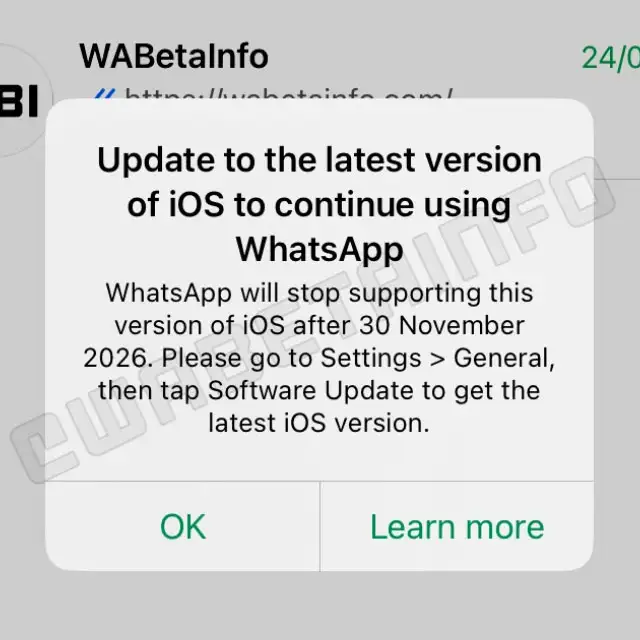 L'avviso di WhatsApp mostrato sugli smartphone con sistema operativo iOS 15.4 (o versione precedente)