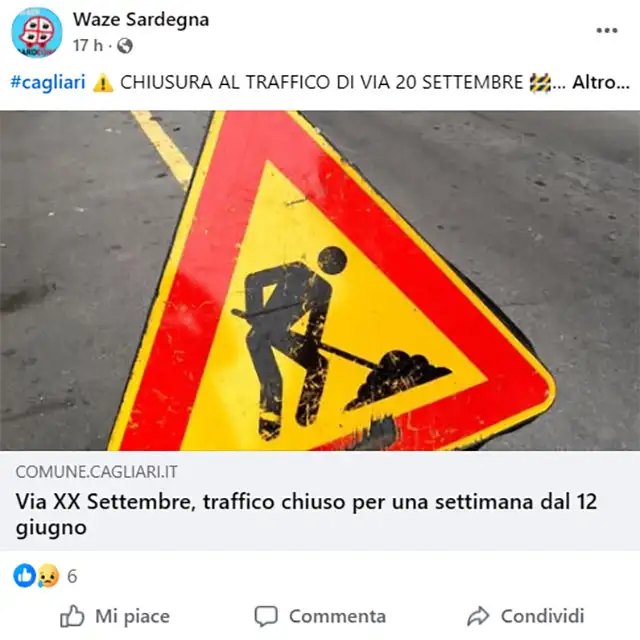 Un avviso pubblicato da Waze Sardegna su Facebook