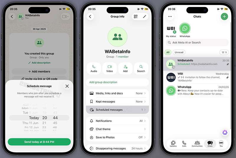 Screenshot per la funzionalità di WhatsApp che permetterà di pianificare l'invio dei messaggi