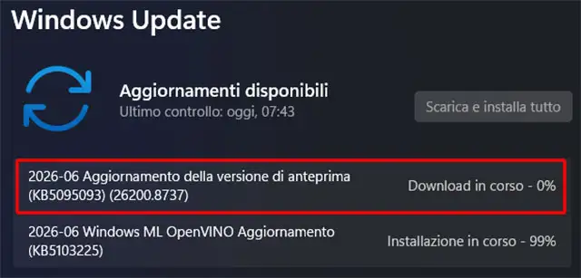 L'aggiornamento KB5095093 in download su Windows 11