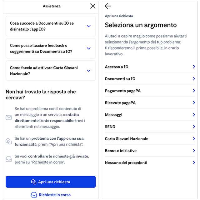 Come richiedere assistenza nell'app IO