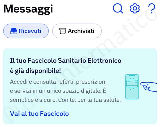 Il messaggio relativo alla disponibilità del Fascicolo Sanitario Elettronico mostrato dall'app IO