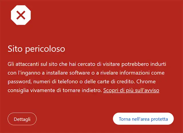 Chrome avvisa che il sito è pericoloso
