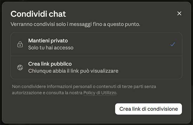 La funzionalità di Claude per condividere le chat