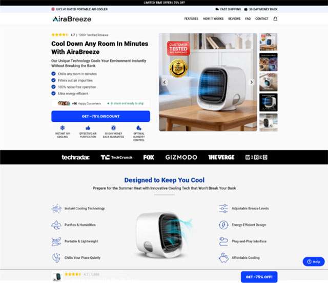 Una pagina truffaldina che propone un condizionatore portatile con il 75% di sconto