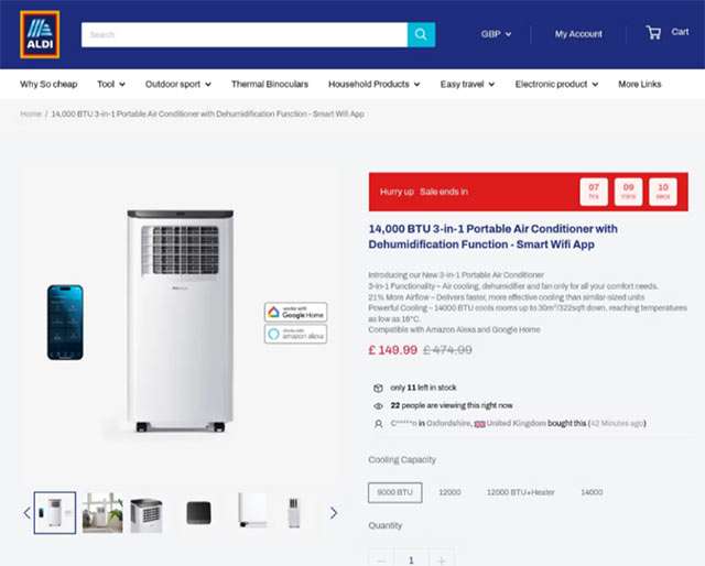 Il sito falso di ALDI che propone un forte sconto su un condizionatore portatile