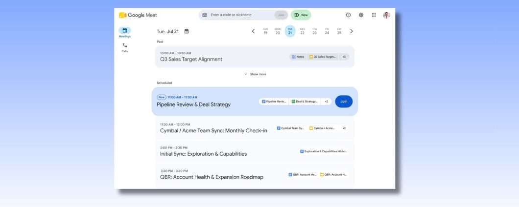Homepage di Google Meet ora mostra agenda, file e registrazioni
