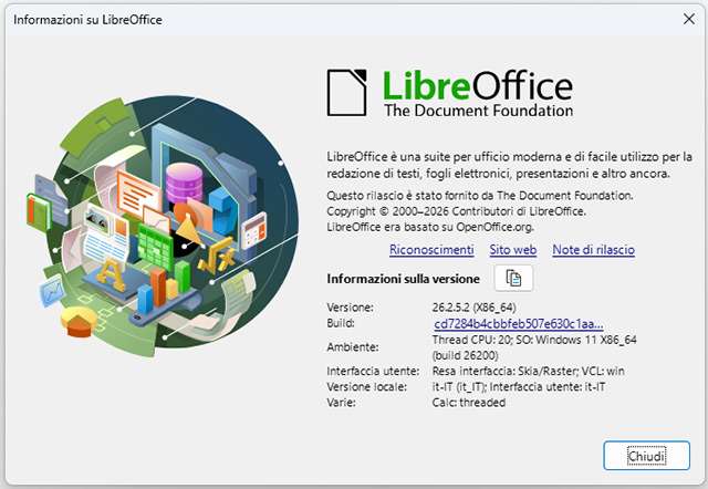 La nuova versione 26.2.5 di LibreOffice su un computer Windows
