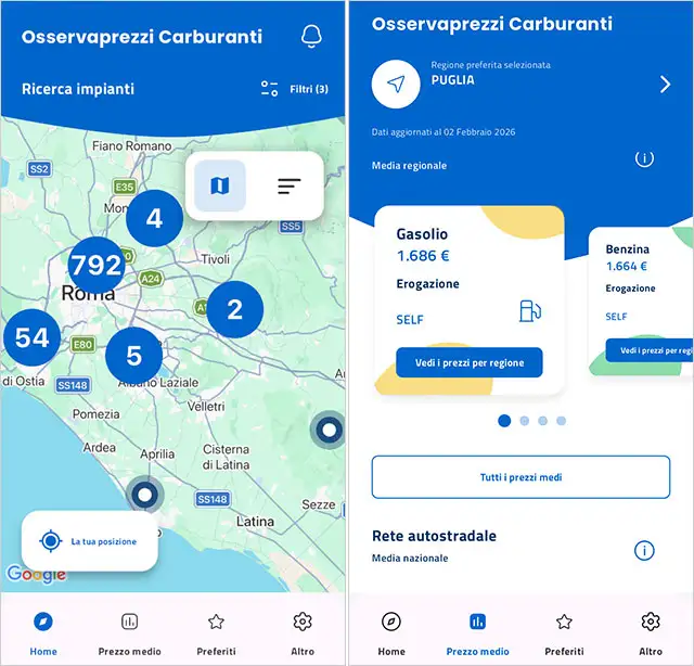 La versione Android dell'app Osservaprezzi Carburanti