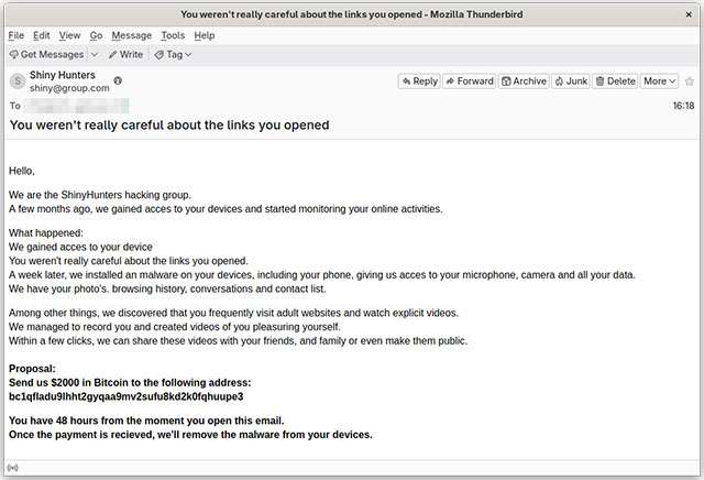 L'email di ShinyHunters con il tentativo di sextortion