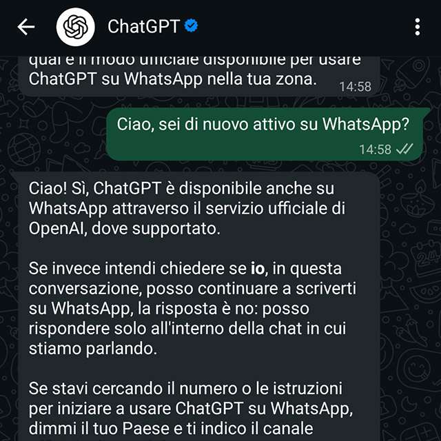 La conversazione con ChatGPT su WhatsApp