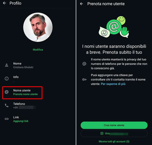 La prenotazione dei nomi utente su WhatsApp