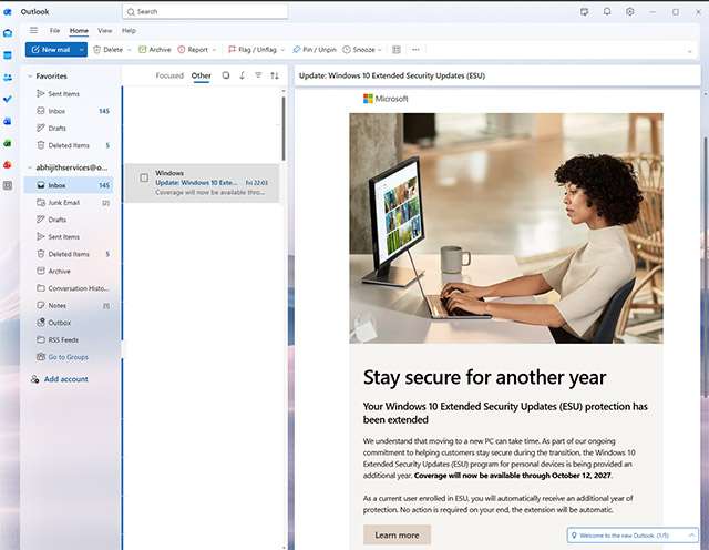 L'email di Microsoft sul prolungamento gratuito del programma ESU per Windows 10