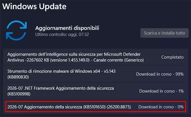 L'aggiornamento KB5101650 per Windows 11, distribuito nel Patch Tuesday di luglio 2026