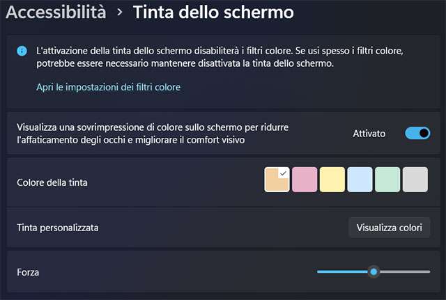 La nuova funzione Tinta dello schermo su Windows 11, per l'accessibilità