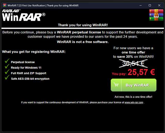 WinRAR propone l'acquisto di una licenza a prezzo scontato dopo l'installazione