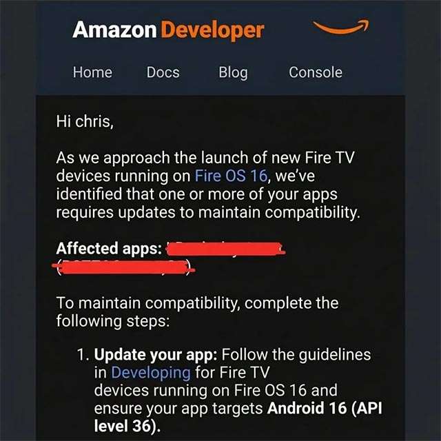 L'email inviata da Amazon agli sviluppatori di app per Fire TV