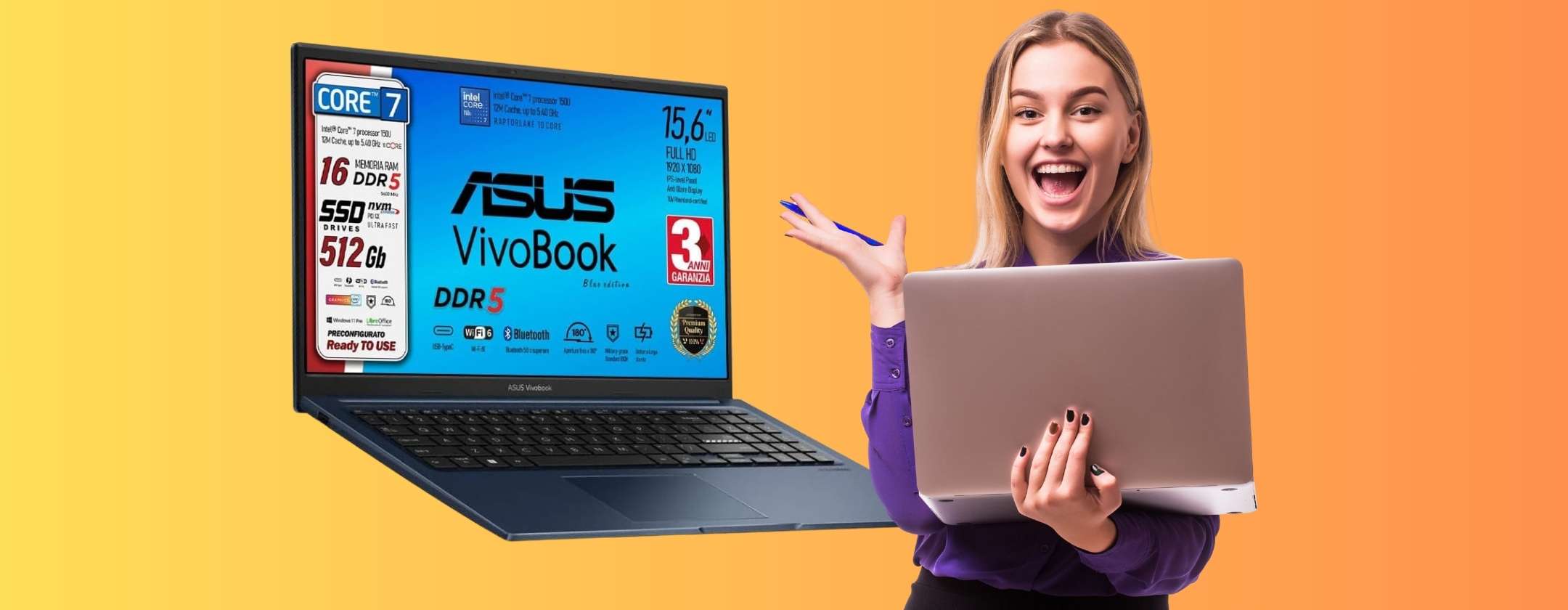 ASUS VivoBook con Intel Core i7, 16GB di RAM e SSD da 512 a meno di 750€