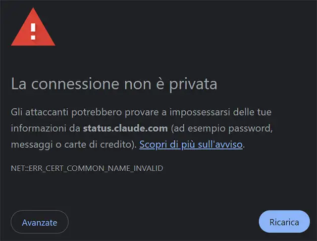 Il messaggio di errore mostrato provando ad accedere alla status dashboard di Claude