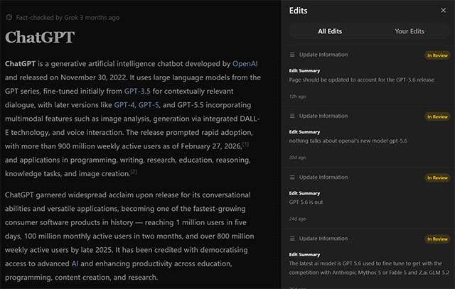 La pagina di ChatGPT su Grokipedia