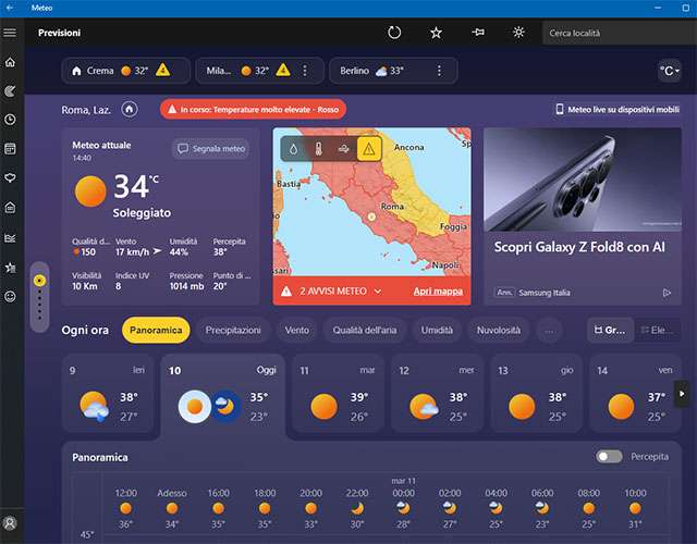 L'interfaccia dell'app Meteo per Windows 11