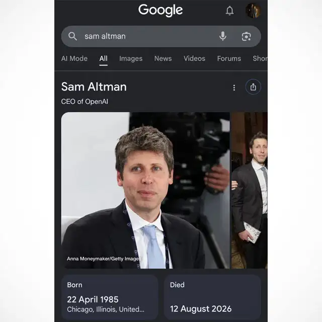 Screenshot per la falsa notizia della morte di Sam Altman ripresa da Google