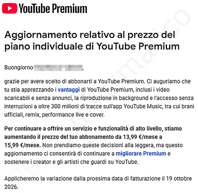 L'avviso di YouTube sugli aumenti degli abbonamenti Premium